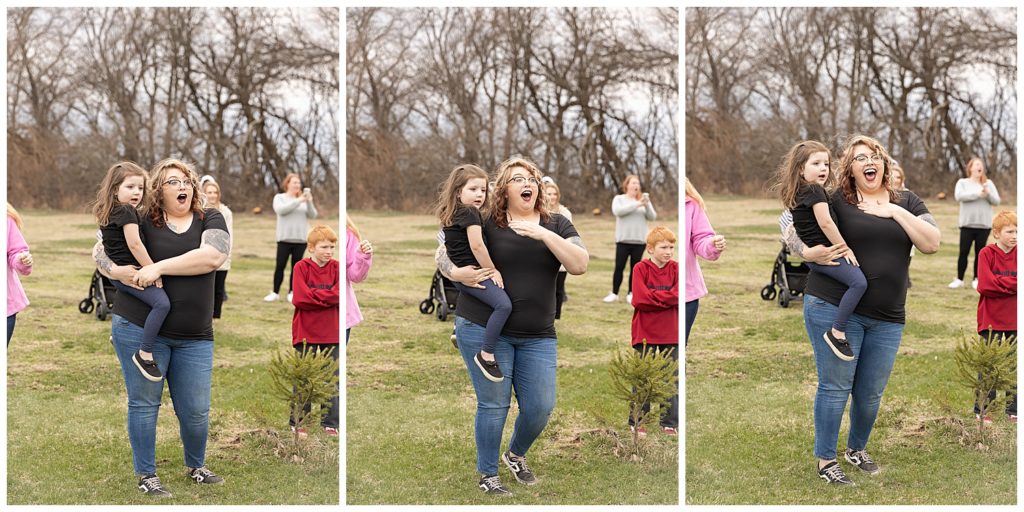 mother and daughter collage of reactive to gender reveal smoke bomb